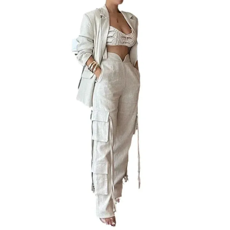 Aiertu Pocket Stitching Urban Regular Fit Linen Cargo Pants Suit Two Pieces