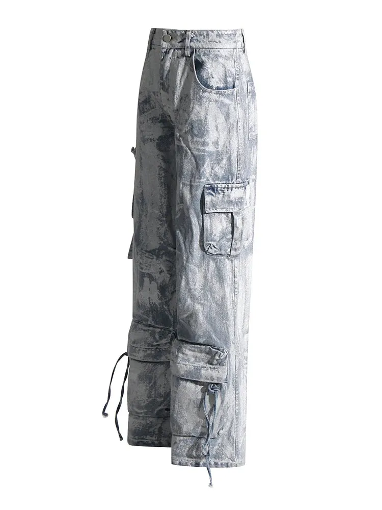 Colorblock Patchwork Pockets Streetwear Denim Pants For Women High Waist Spliced Button Loose Cargo Jeans Female