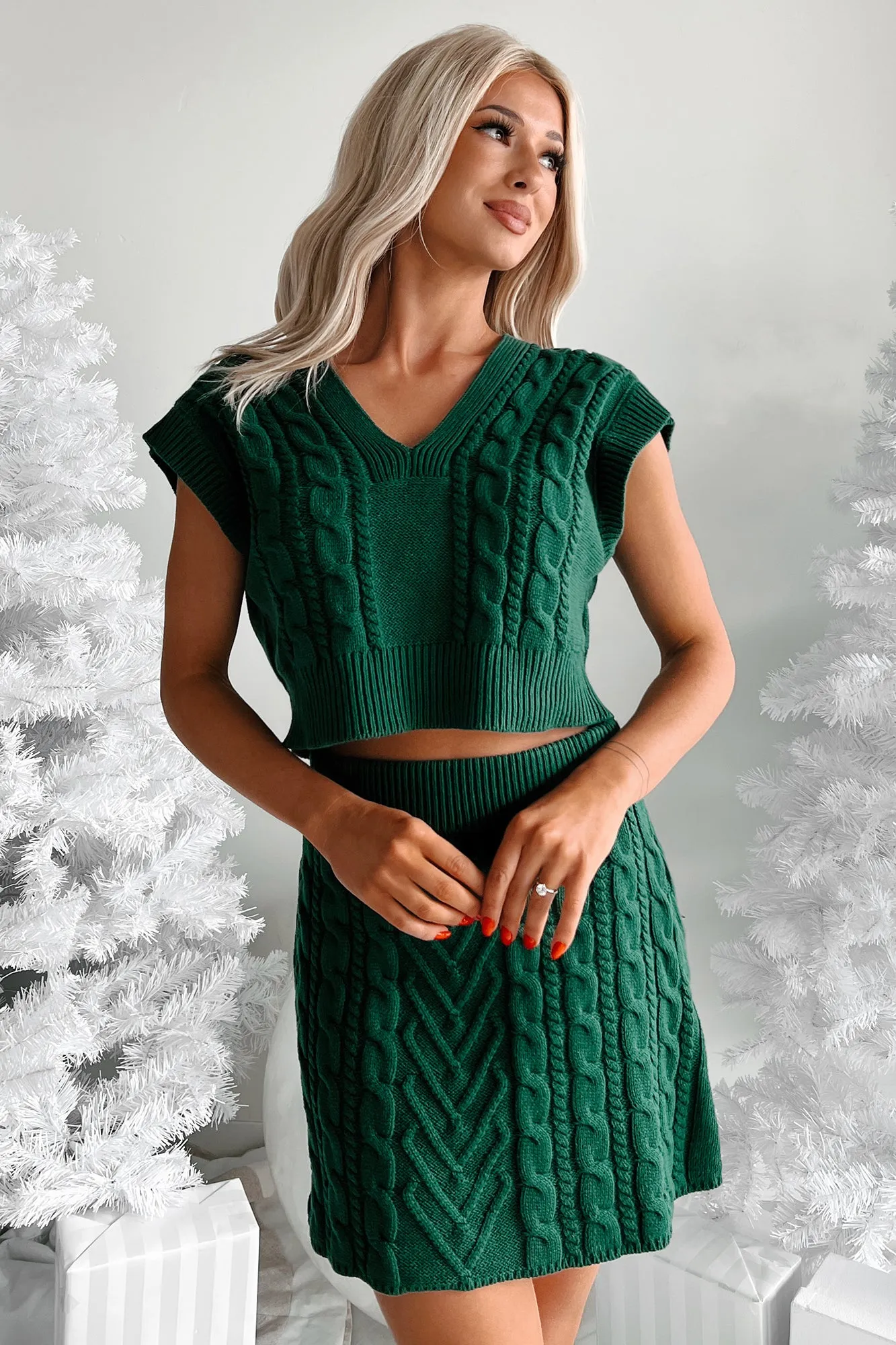 Cute On Cue Sweater Knit Two-Piece Set (Hunter Green)