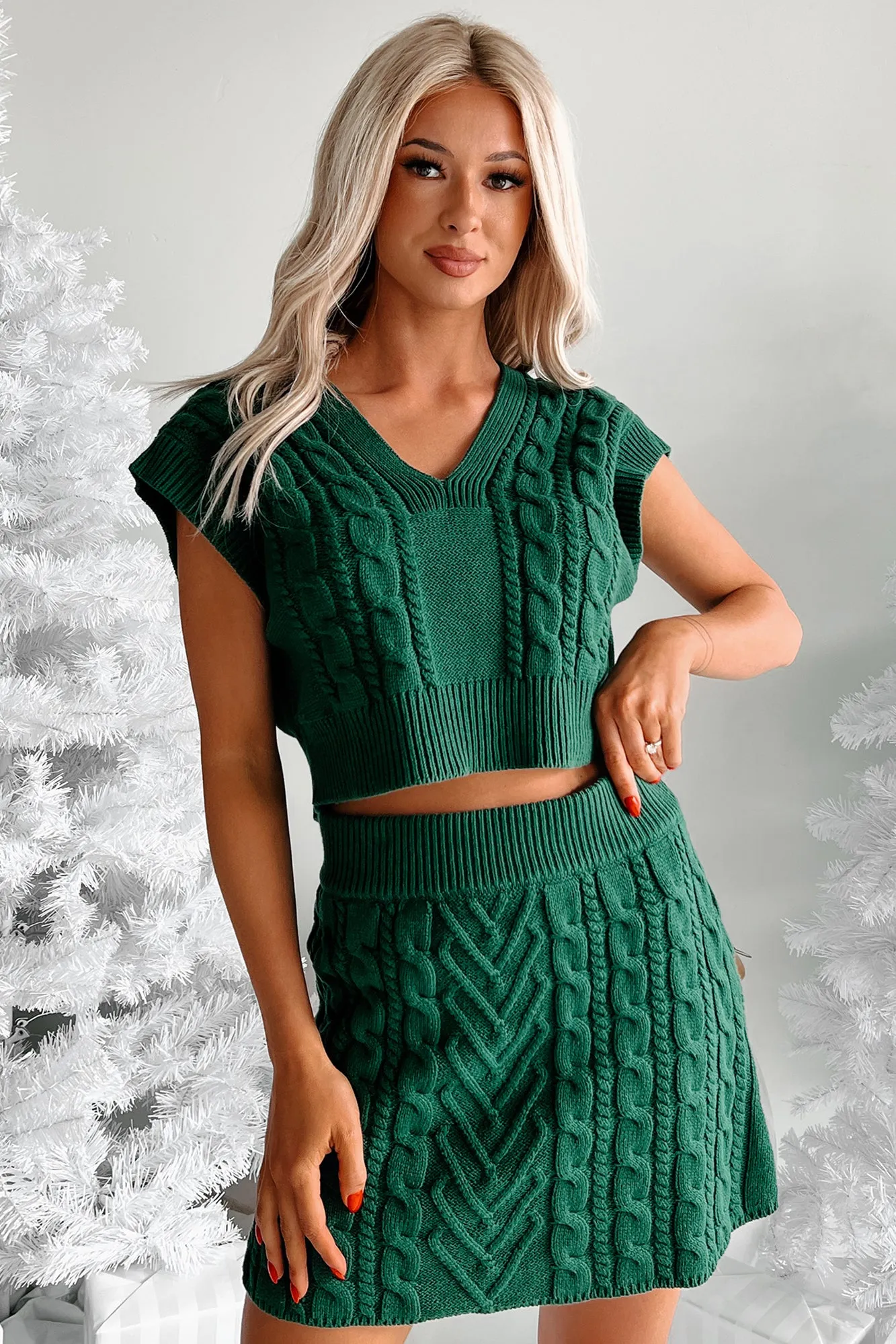 Cute On Cue Sweater Knit Two-Piece Set (Hunter Green)