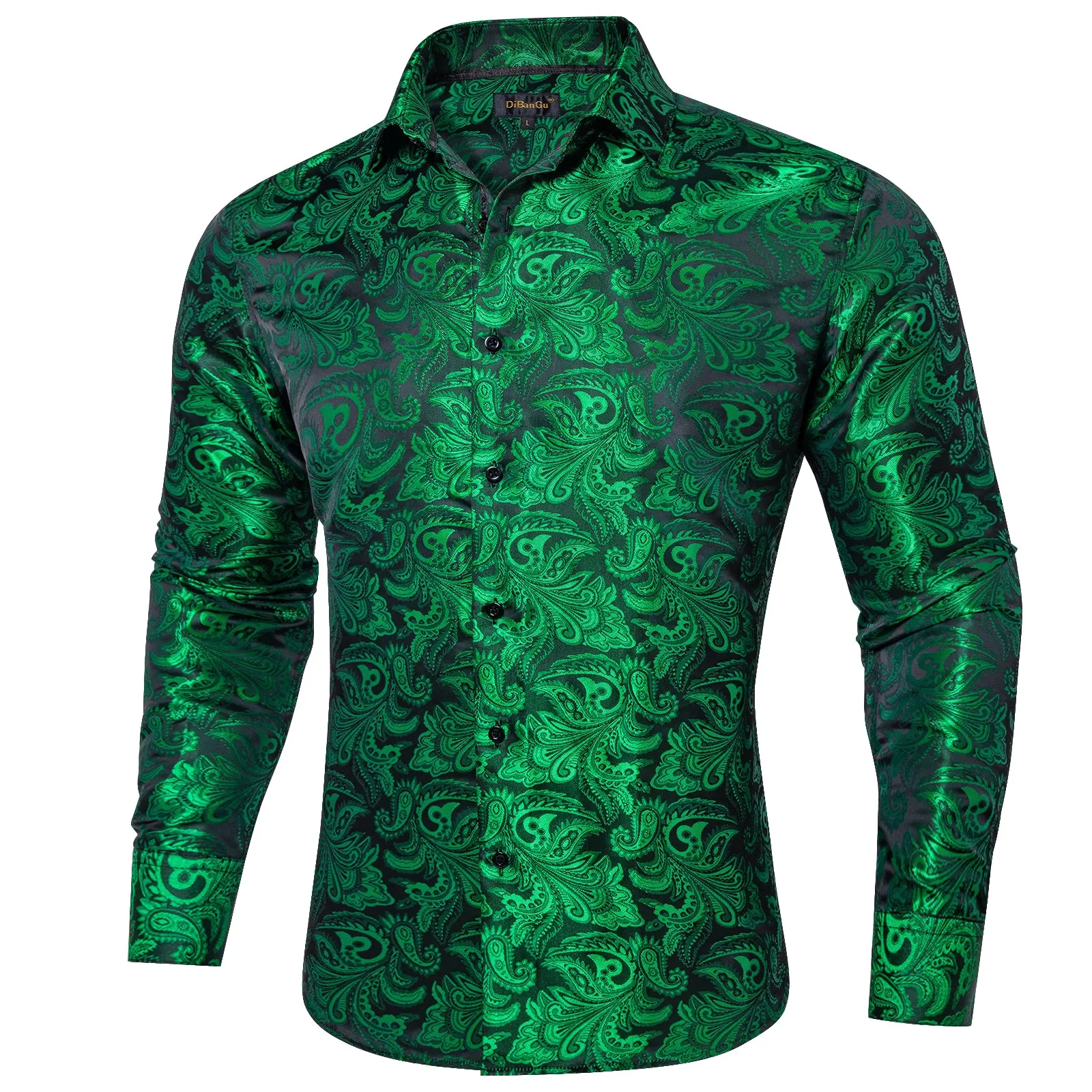 DiBanGu Shirts for Men Green Floral Silk Men's Button Down shirt