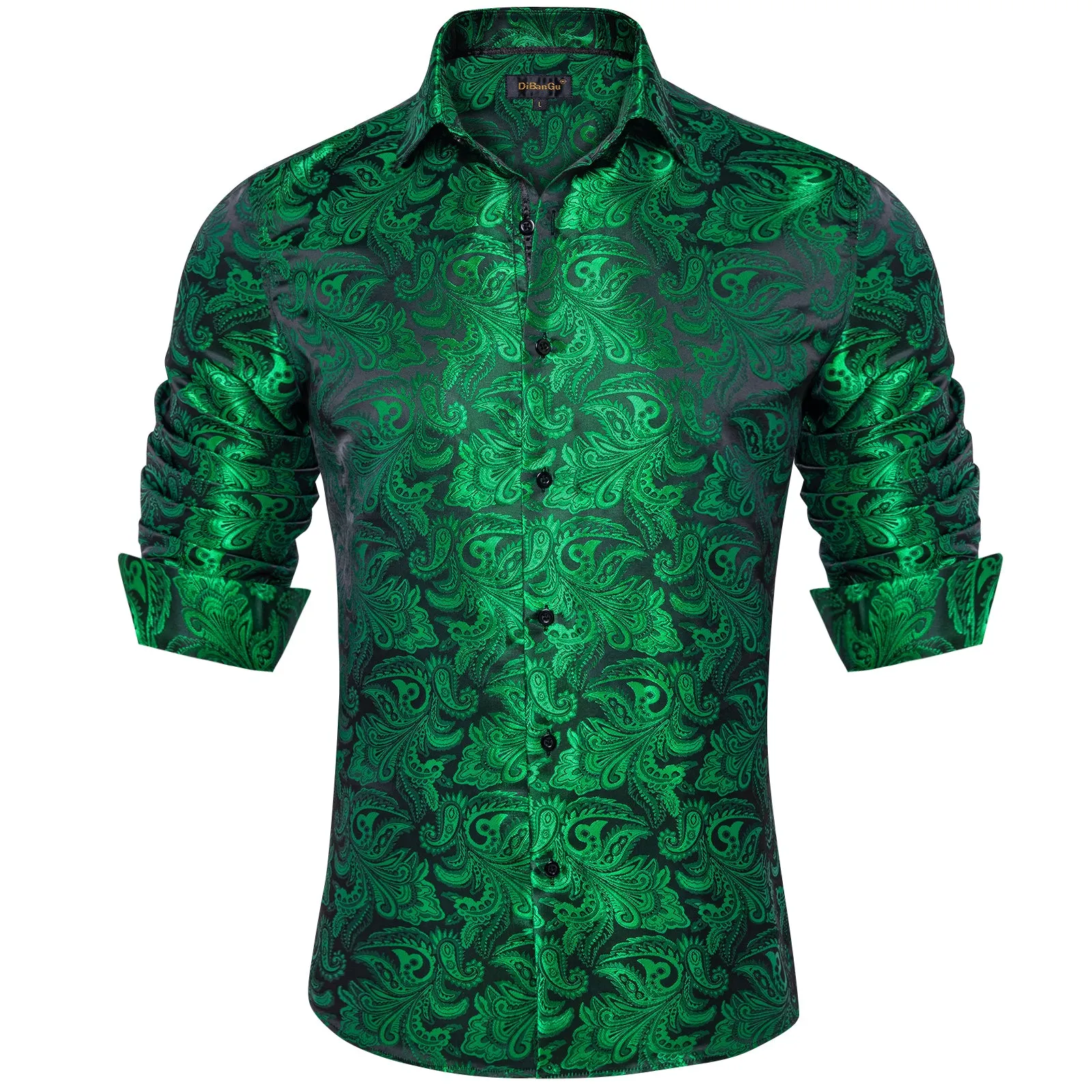 DiBanGu Shirts for Men Green Floral Silk Men's Button Down shirt