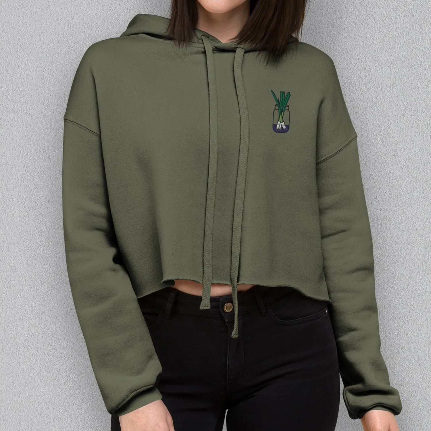 Green Onion Embroidered Crop Hoodie