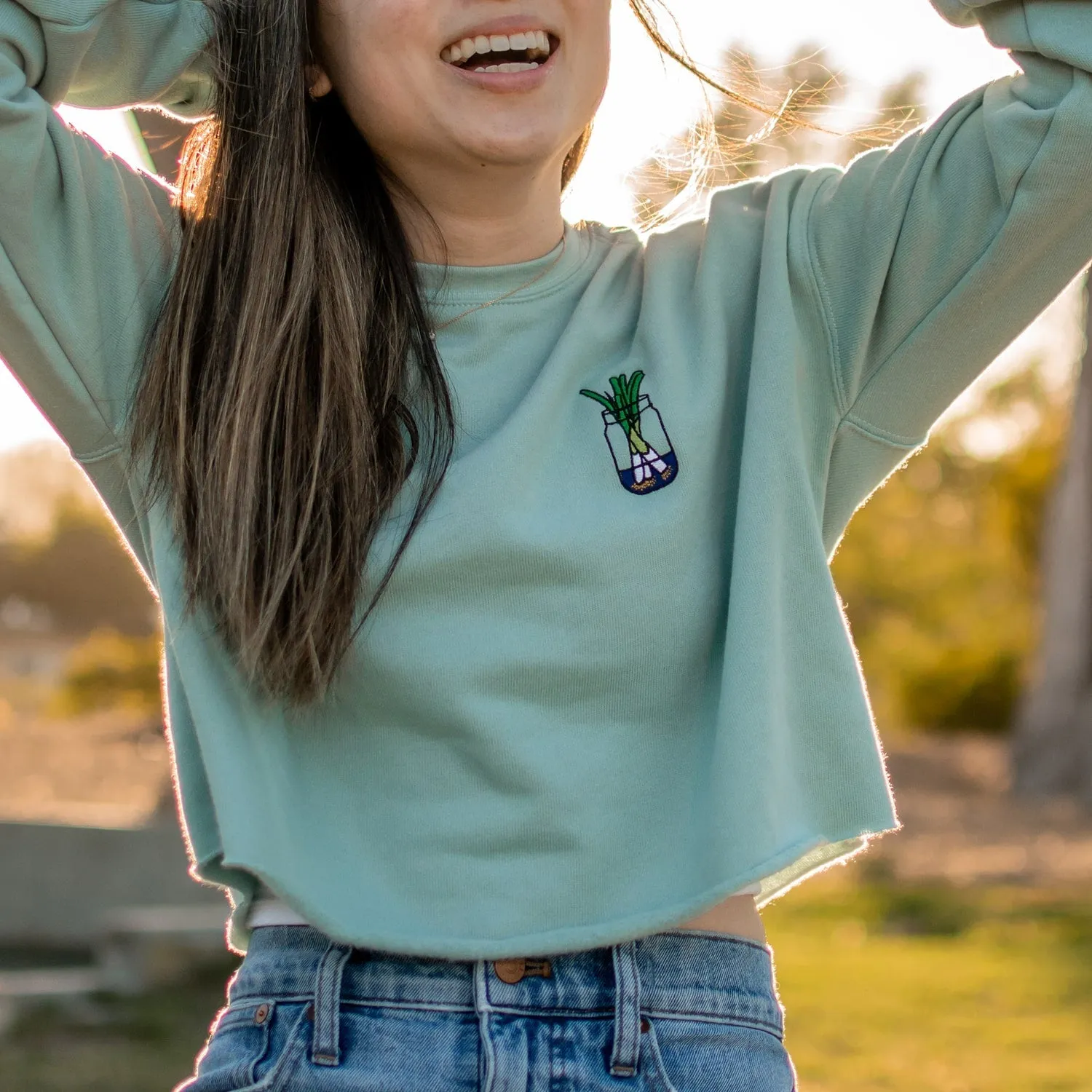 Green Onion Embroidered Crop Sweatshirt