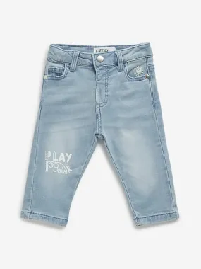 HOP Baby Blue Text Printed Mid Rise Relaxed Fit Jeans
