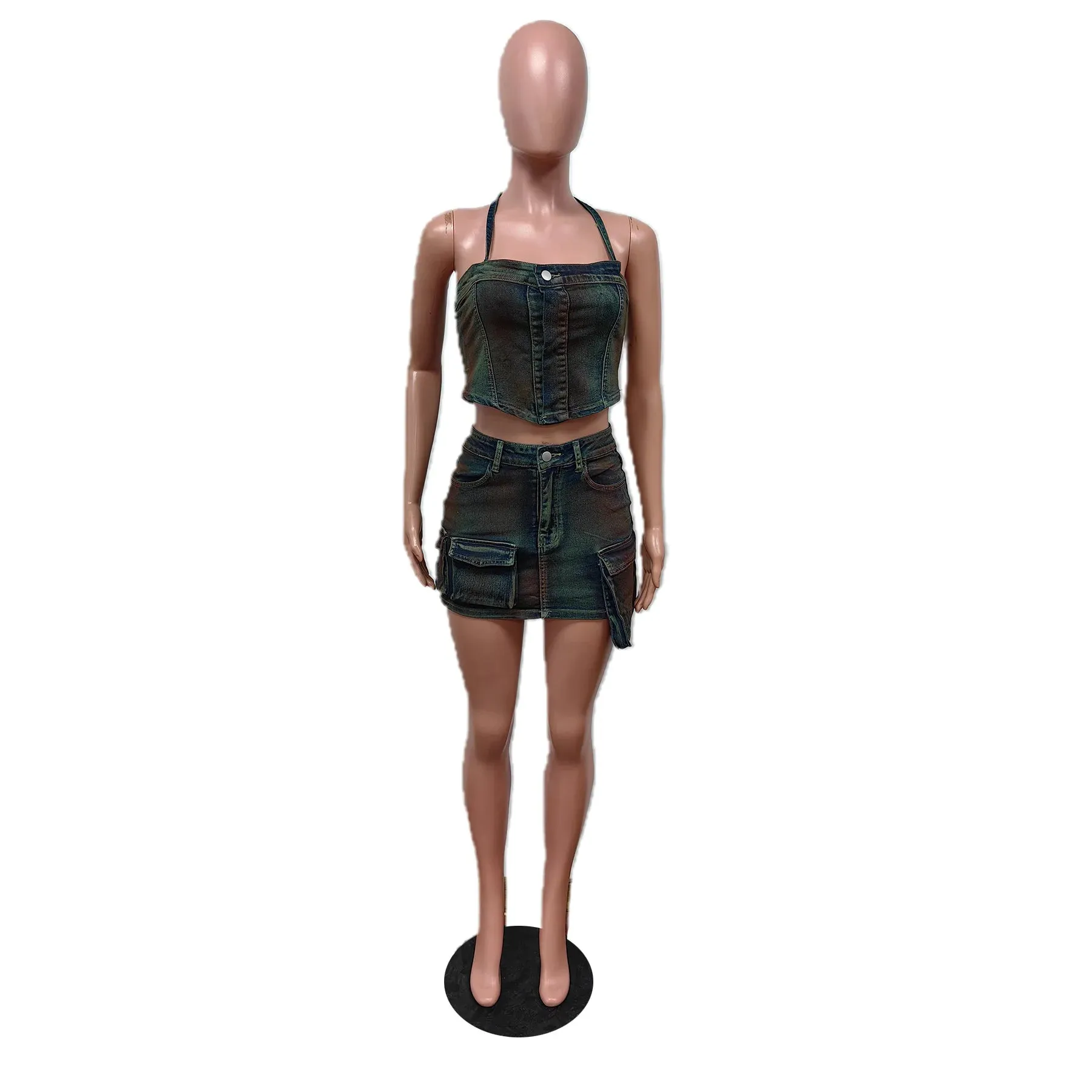 LVSANW ANJAMANOR Vintage Denim 2 Piece Set Irregular Cargo Mini Skirt and Top Sexy Club Outfit for Womens Summer Clothes D73-II55