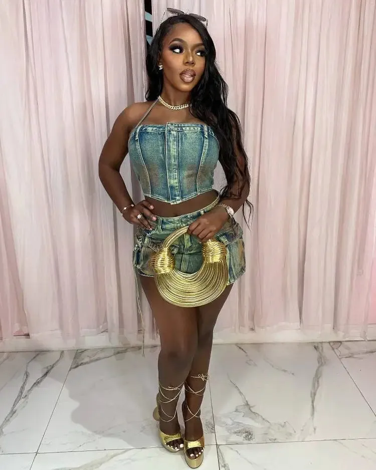LVSANW ANJAMANOR Vintage Denim 2 Piece Set Irregular Cargo Mini Skirt and Top Sexy Club Outfit for Womens Summer Clothes D73-II55