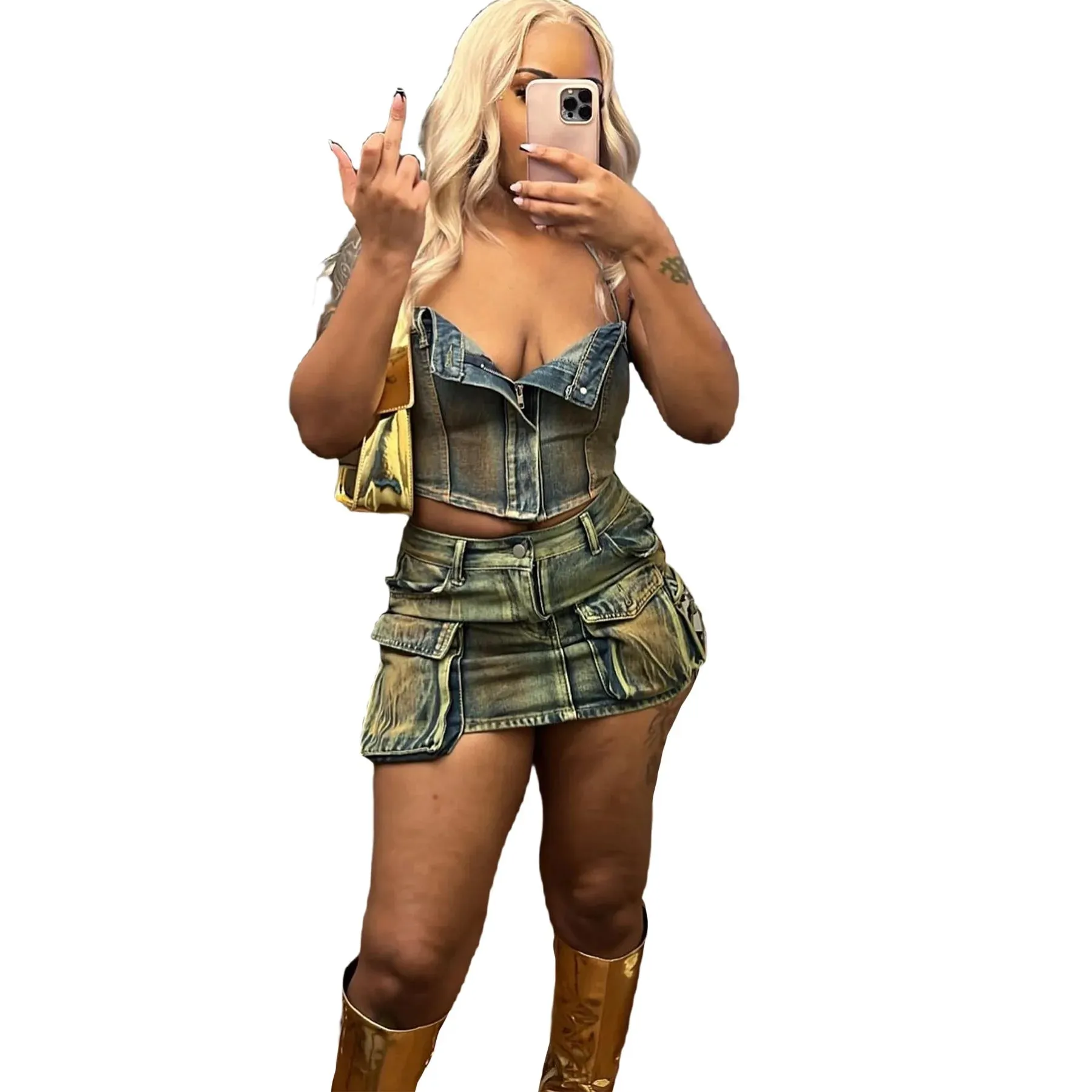 LVSANW ANJAMANOR Vintage Denim 2 Piece Set Irregular Cargo Mini Skirt and Top Sexy Club Outfit for Womens Summer Clothes D73-II55