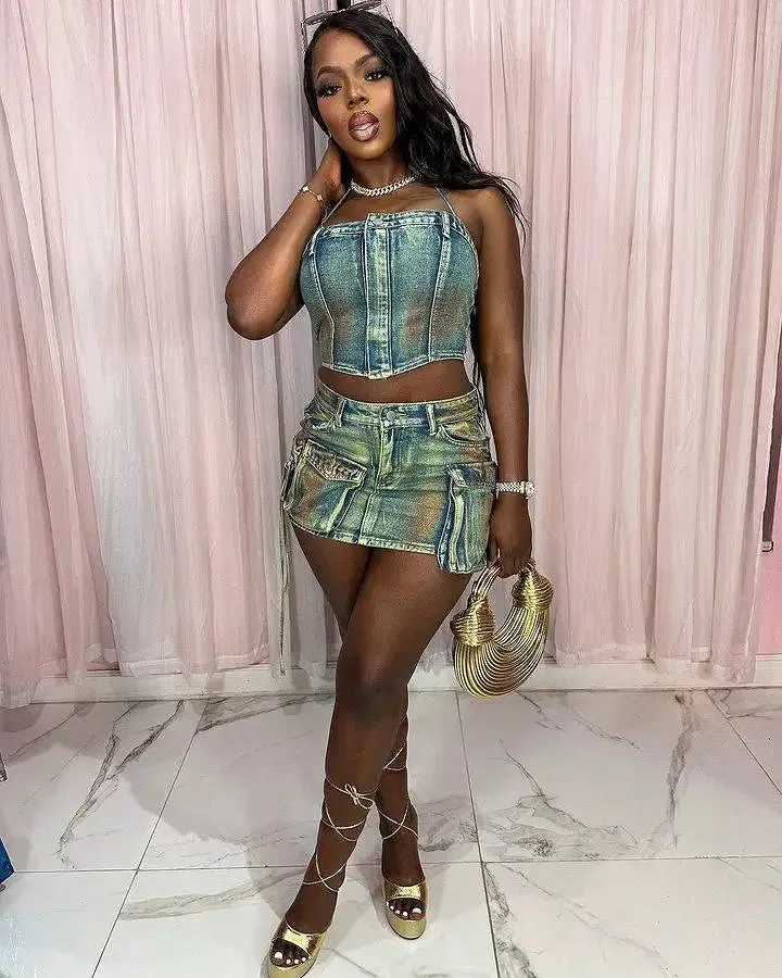 LVSANW ANJAMANOR Vintage Denim 2 Piece Set Irregular Cargo Mini Skirt and Top Sexy Club Outfit for Womens Summer Clothes D73-II55