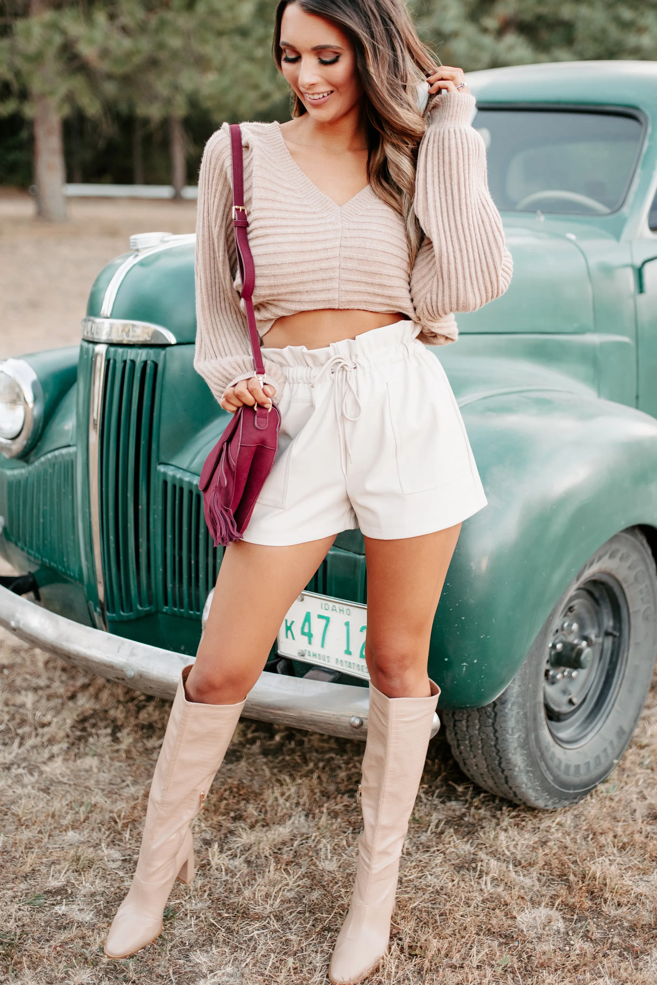 Memorizing You Cropped Tie-Back Sweater (Taupe)