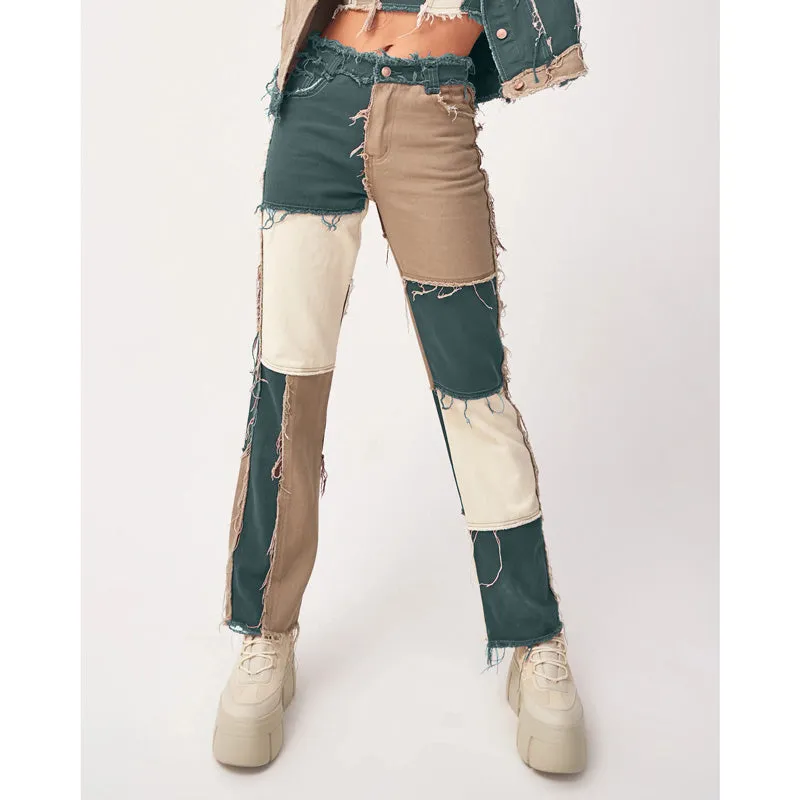 Mid Waisted Women's Jeans Patchwork Jeans Long Straight Pants