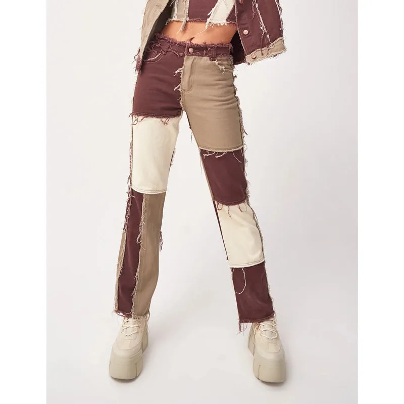 Mid Waisted Women's Jeans Patchwork Jeans Long Straight Pants