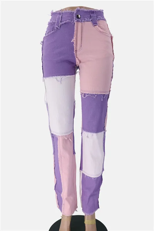 Mid Waisted Women's Jeans Patchwork Jeans Long Straight Pants