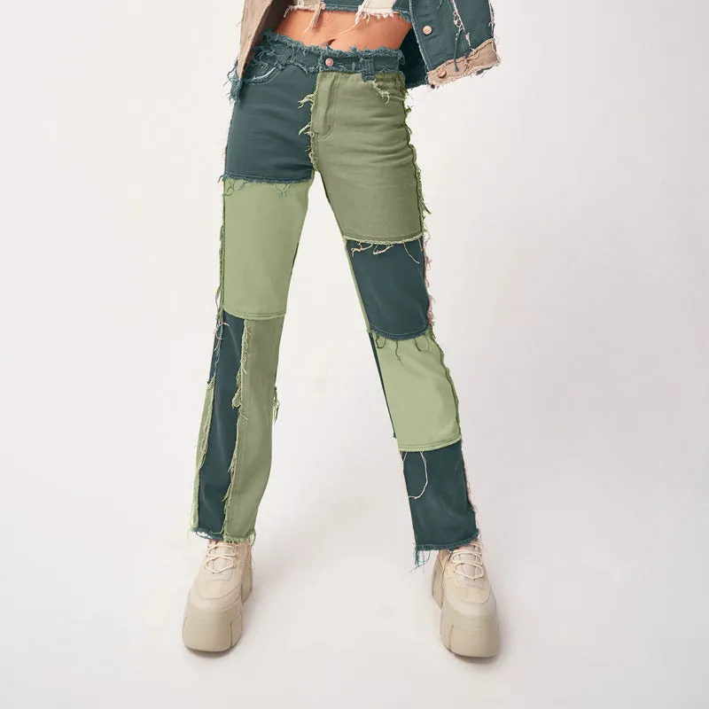 Mid Waisted Women's Jeans Patchwork Jeans Long Straight Pants