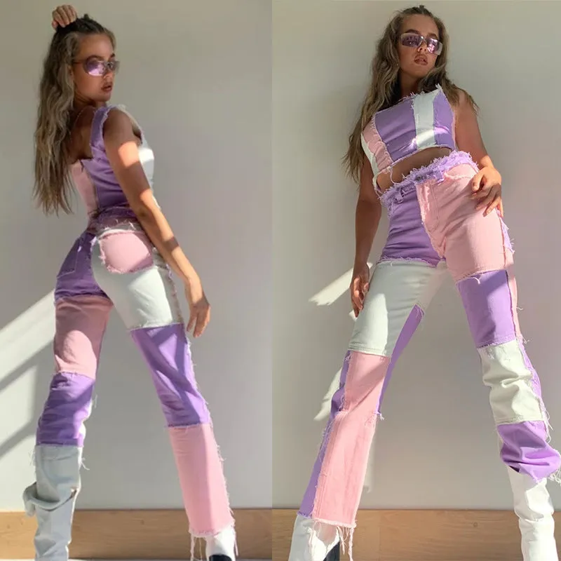 Mid Waisted Women's Jeans Patchwork Jeans Long Straight Pants