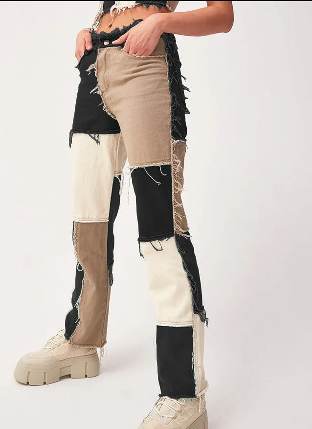 Mid Waisted Women's Jeans Patchwork Jeans Long Straight Pants