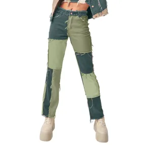 Mid Waisted Women's Jeans Patchwork Jeans Long Straight Pants