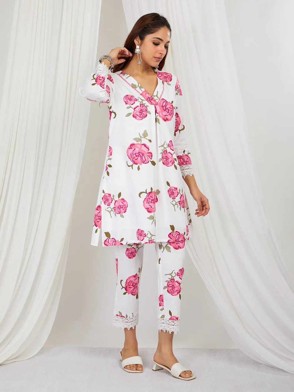 Old Rose Pink & White hand printed Co-ord set of 2