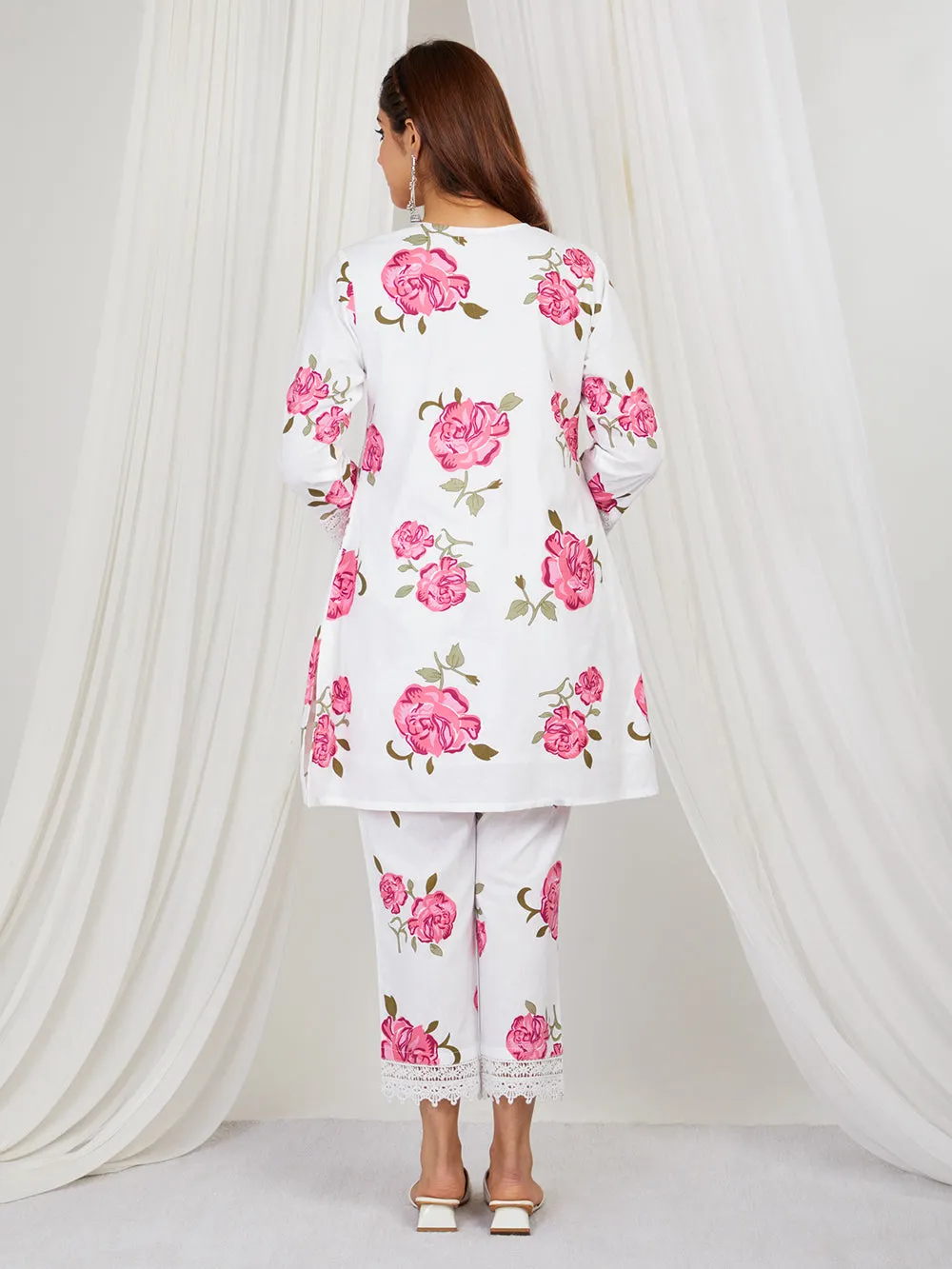Old Rose Pink & White hand printed Co-ord set of 2