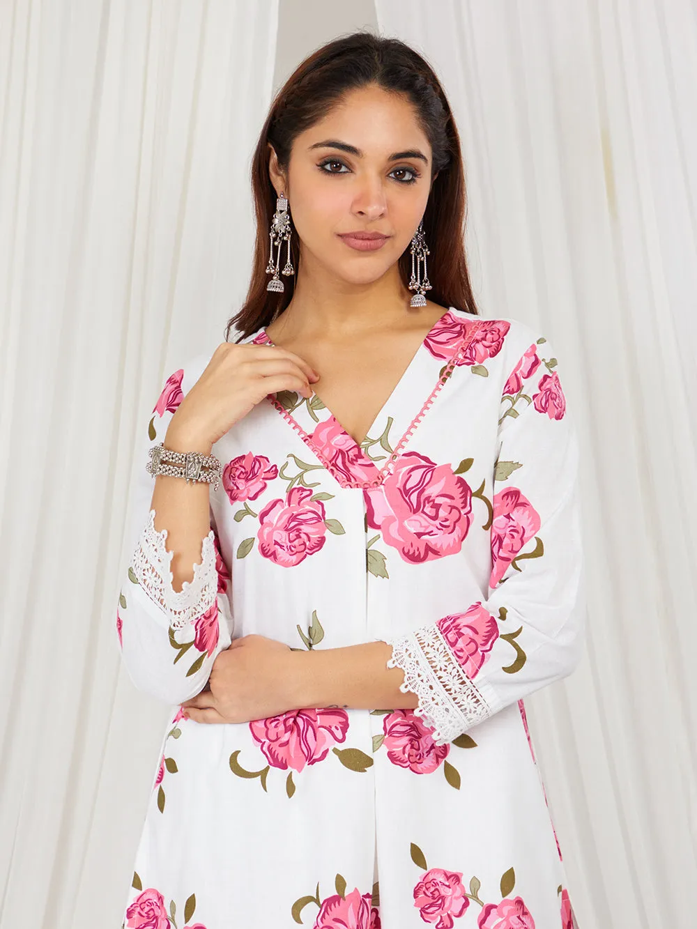 Old Rose Pink & White hand printed Co-ord set of 2