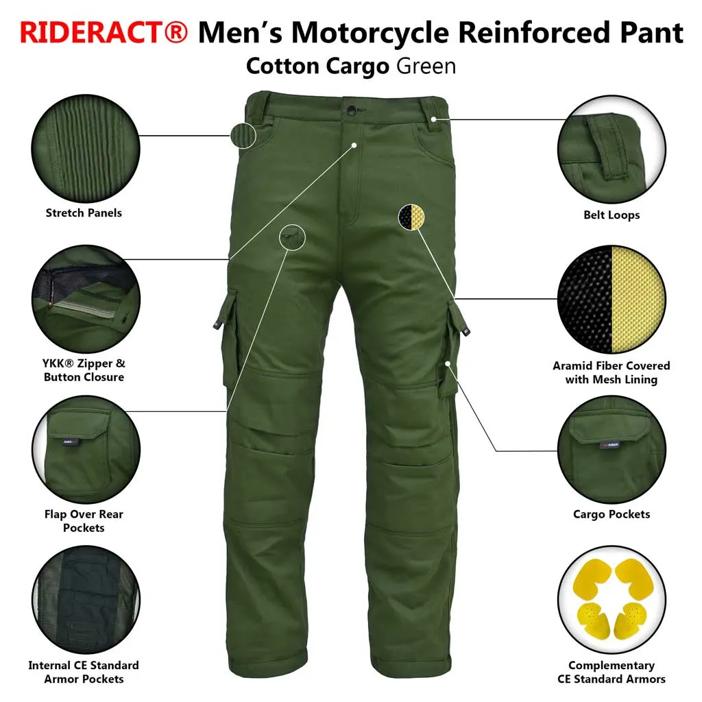 RIDERACT® Men Reinforced Cotton Cargo Motorccycle Pant Green