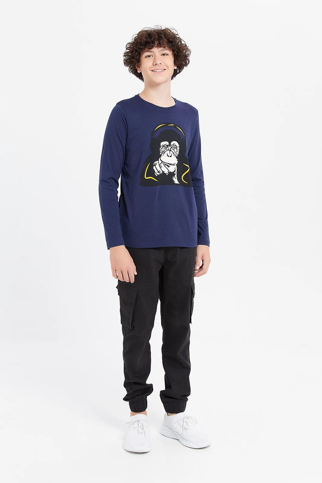 Senior Boys Navy Monkey Face Printed T-Shirt