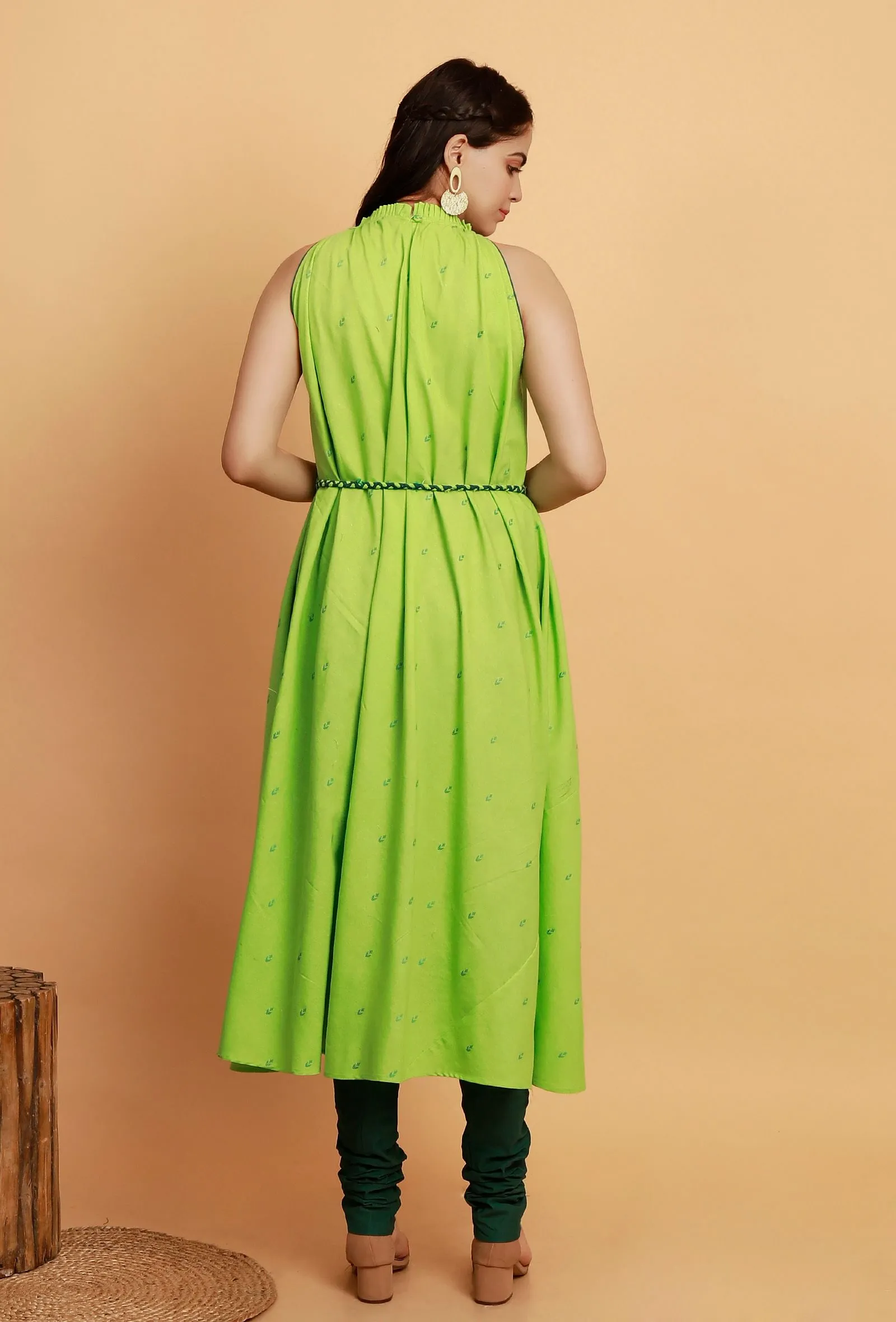 Set of 2:  Mint Green Halter Neck Sleeveless Kurta with Dark Green Cotton Churidar