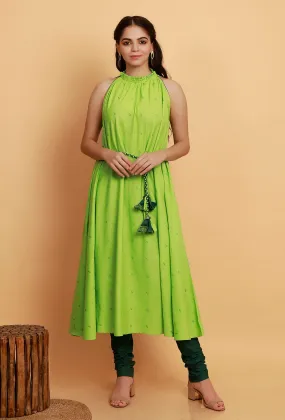 Set of 2:  Mint Green Halter Neck Sleeveless Kurta with Dark Green Cotton Churidar