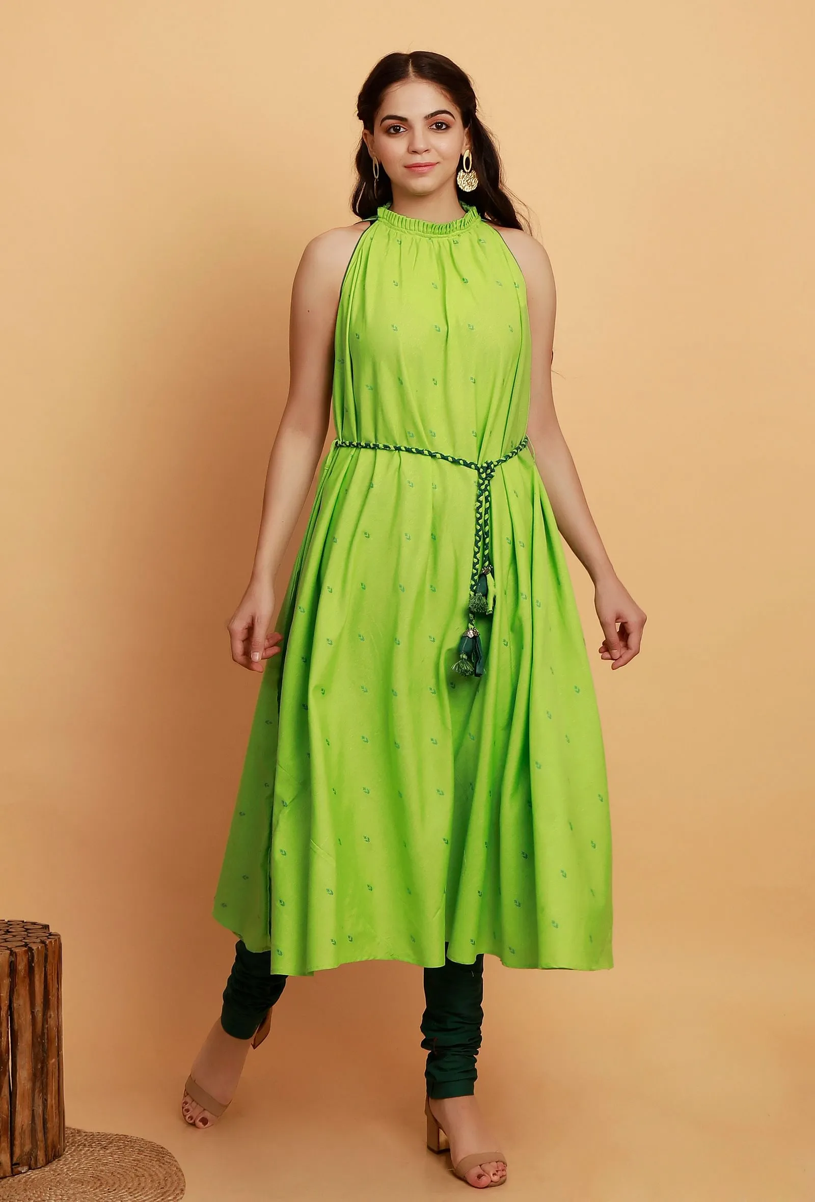 Set of 2:  Mint Green Halter Neck Sleeveless Kurta with Dark Green Cotton Churidar