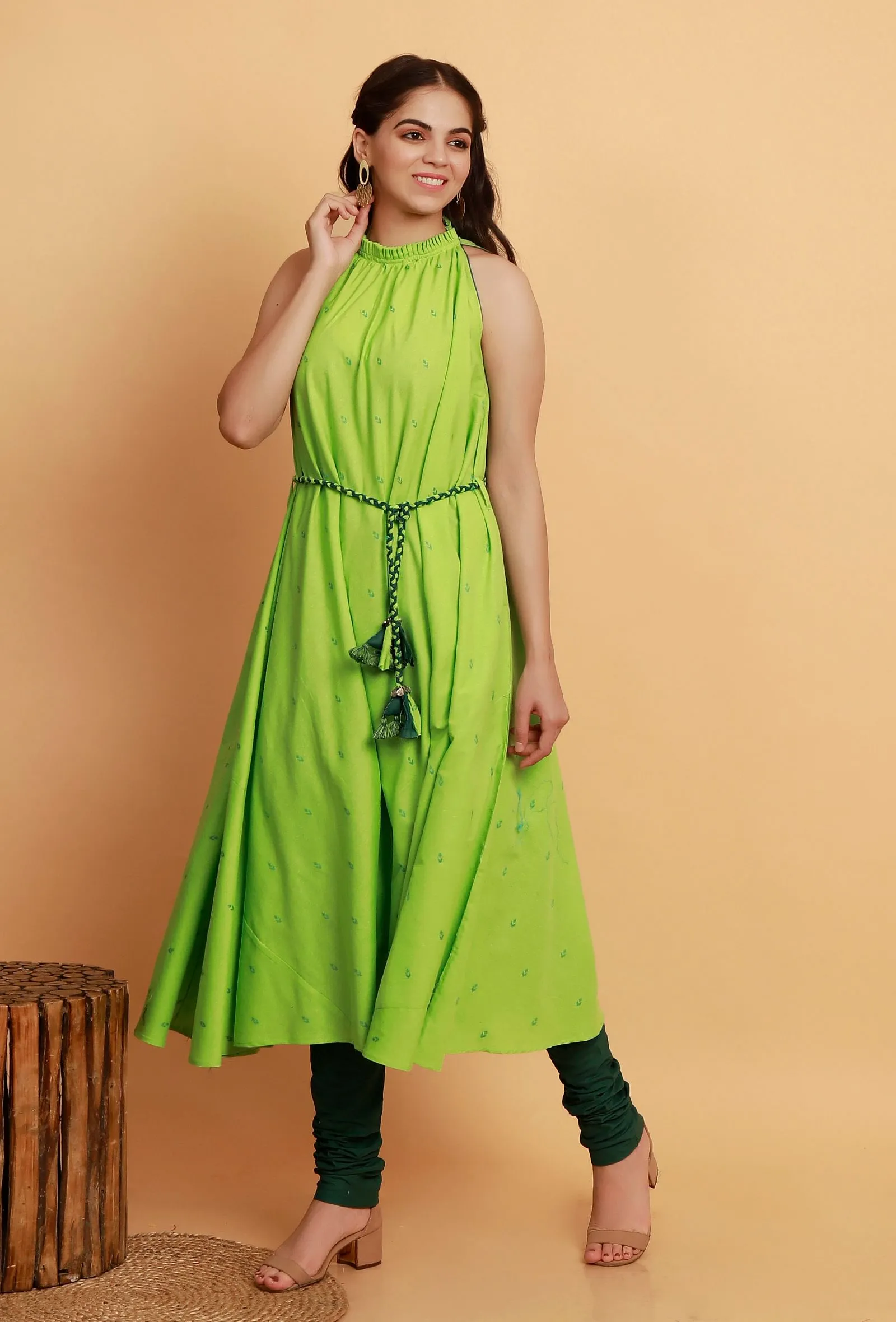 Set of 2:  Mint Green Halter Neck Sleeveless Kurta with Dark Green Cotton Churidar