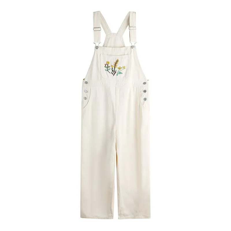 Slimming Embroidery Loose Fit Washed Denim Overalls