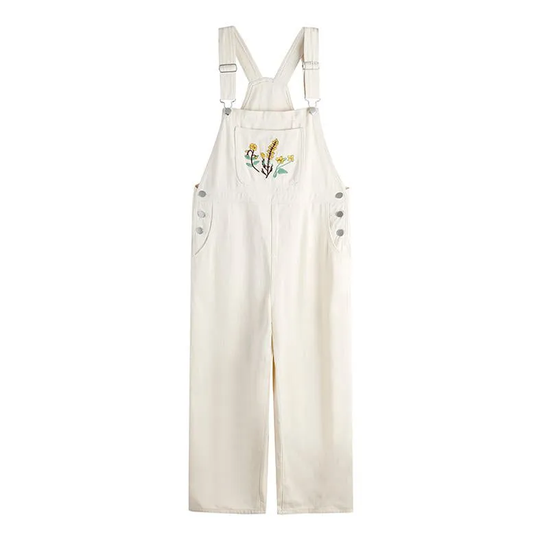 Slimming Embroidery Loose Fit Washed Denim Overalls