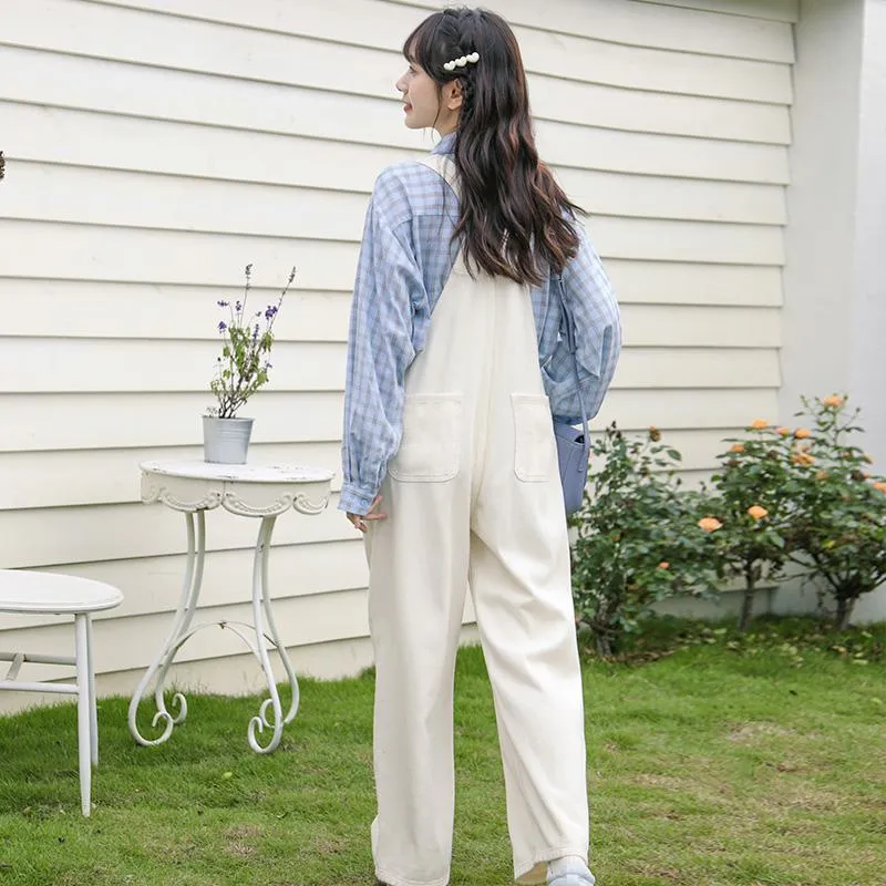 Slimming Embroidery Loose Fit Washed Denim Overalls