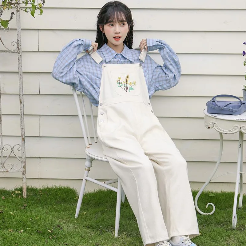 Slimming Embroidery Loose Fit Washed Denim Overalls