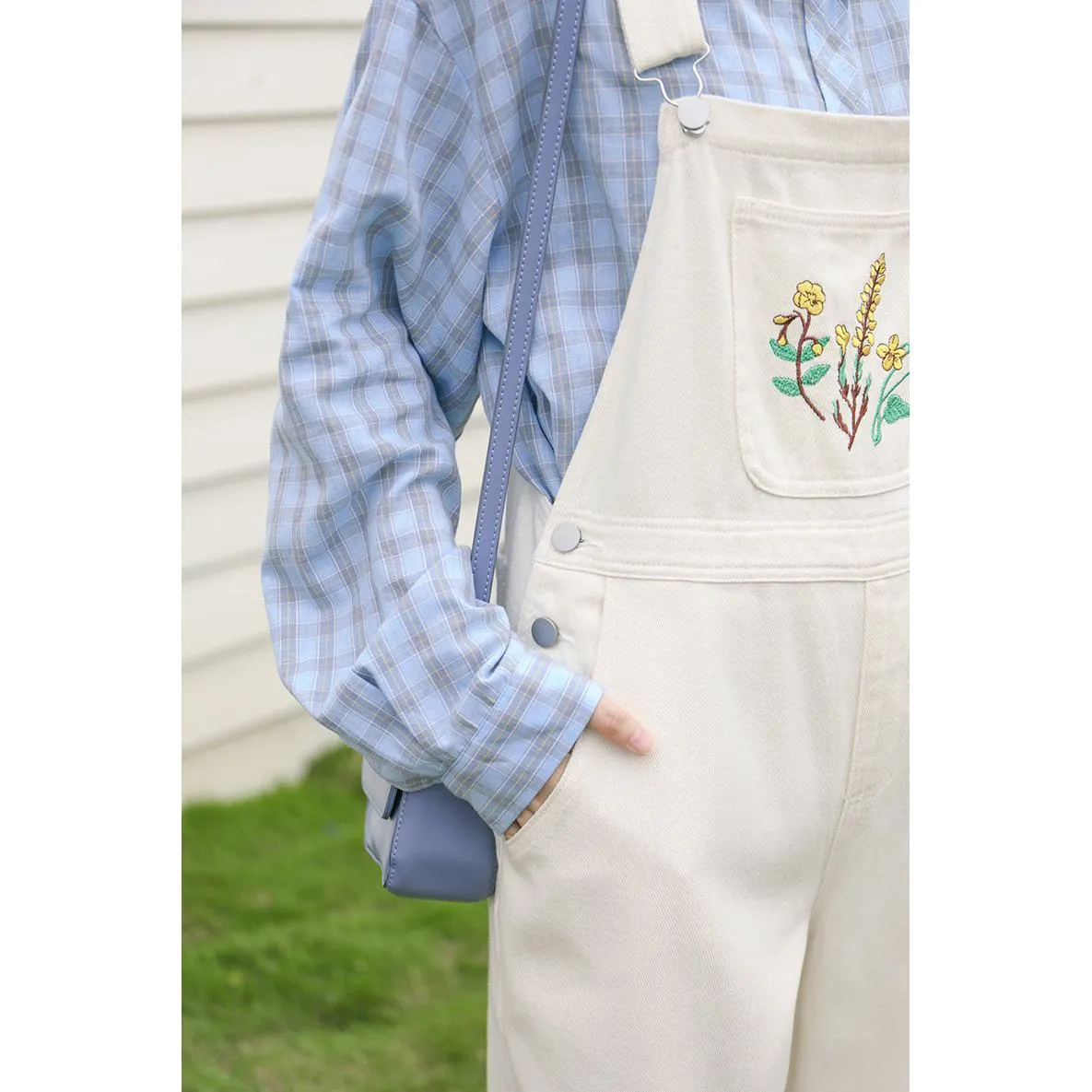 Slimming Embroidery Loose Fit Washed Denim Overalls