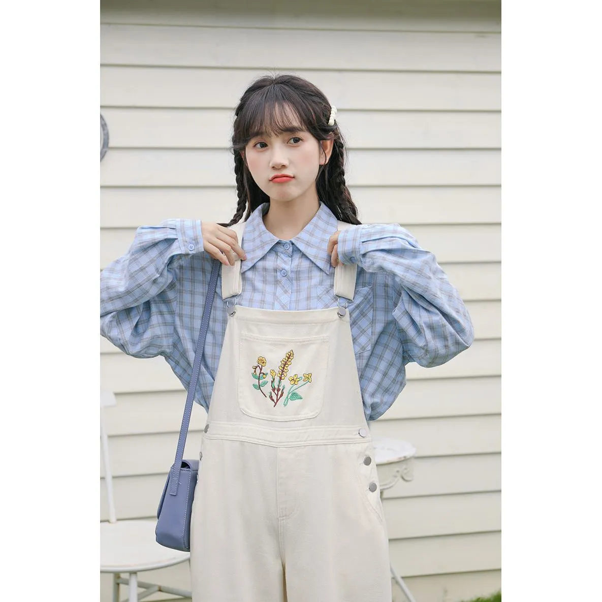 Slimming Embroidery Loose Fit Washed Denim Overalls