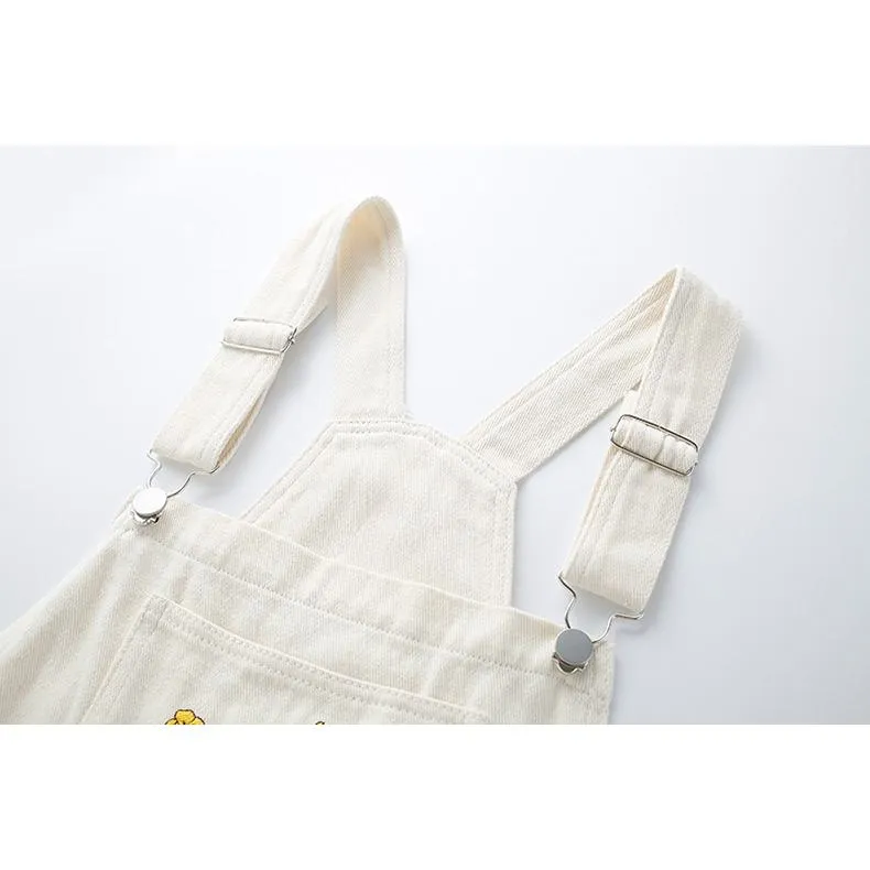 Slimming Embroidery Loose Fit Washed Denim Overalls