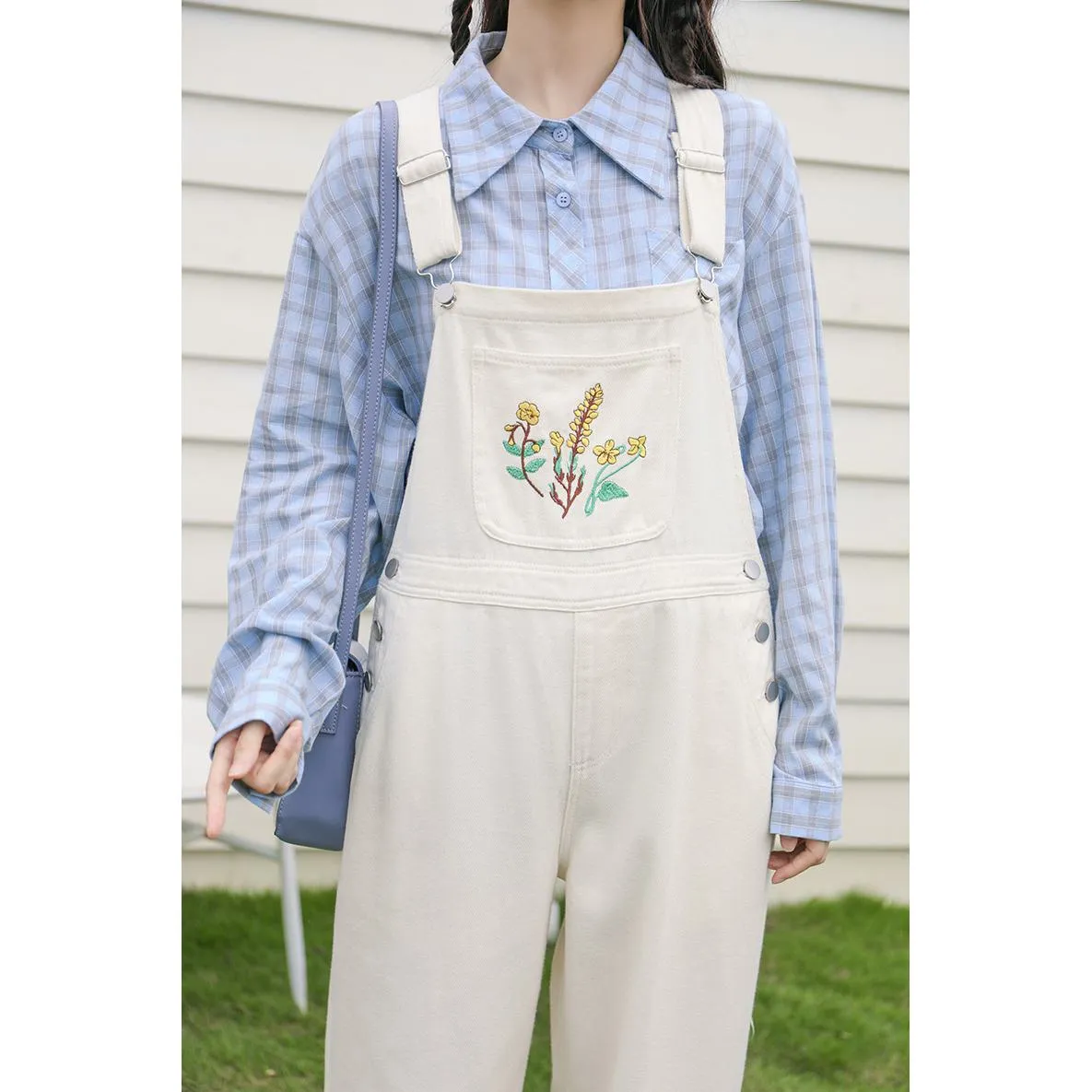 Slimming Embroidery Loose Fit Washed Denim Overalls