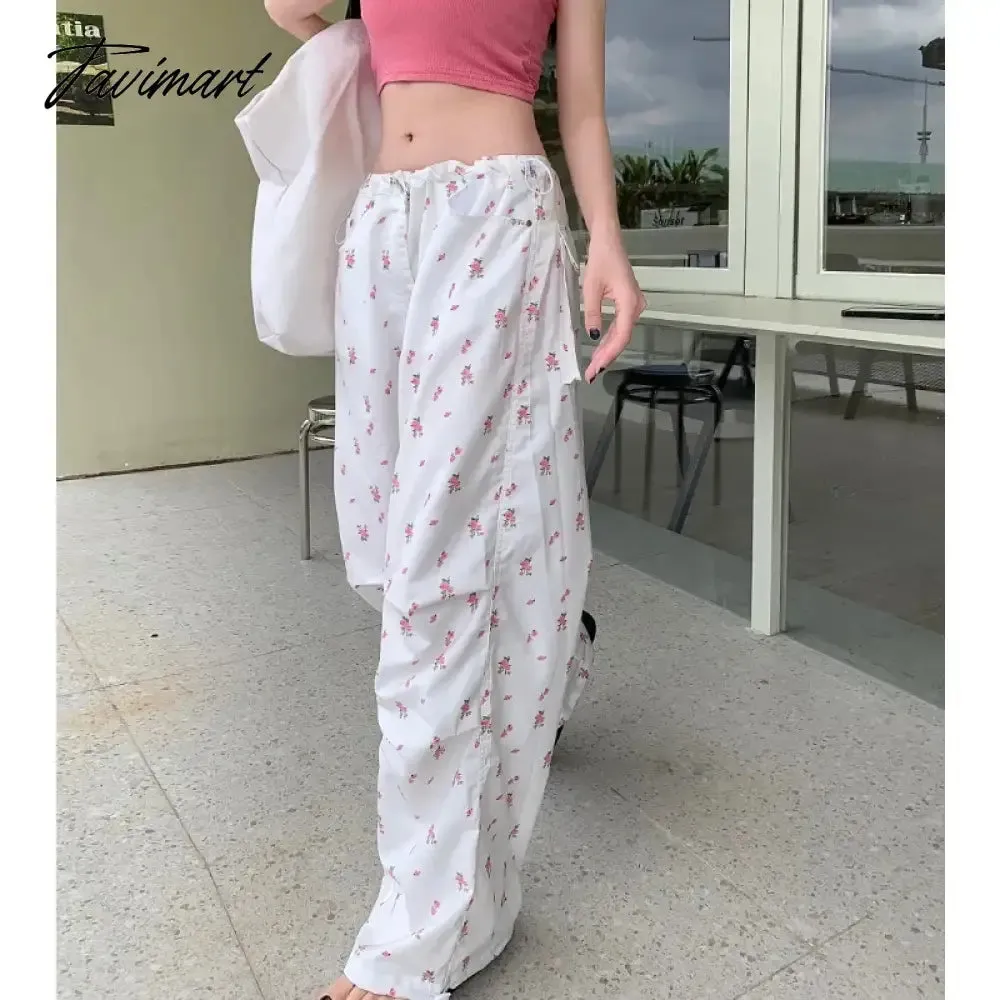TAVIMART  Streetwear Floral Printed Casual Cargo Pants Women Summer New High Waist Drawstring Pleated Loose Wide Leg Pants