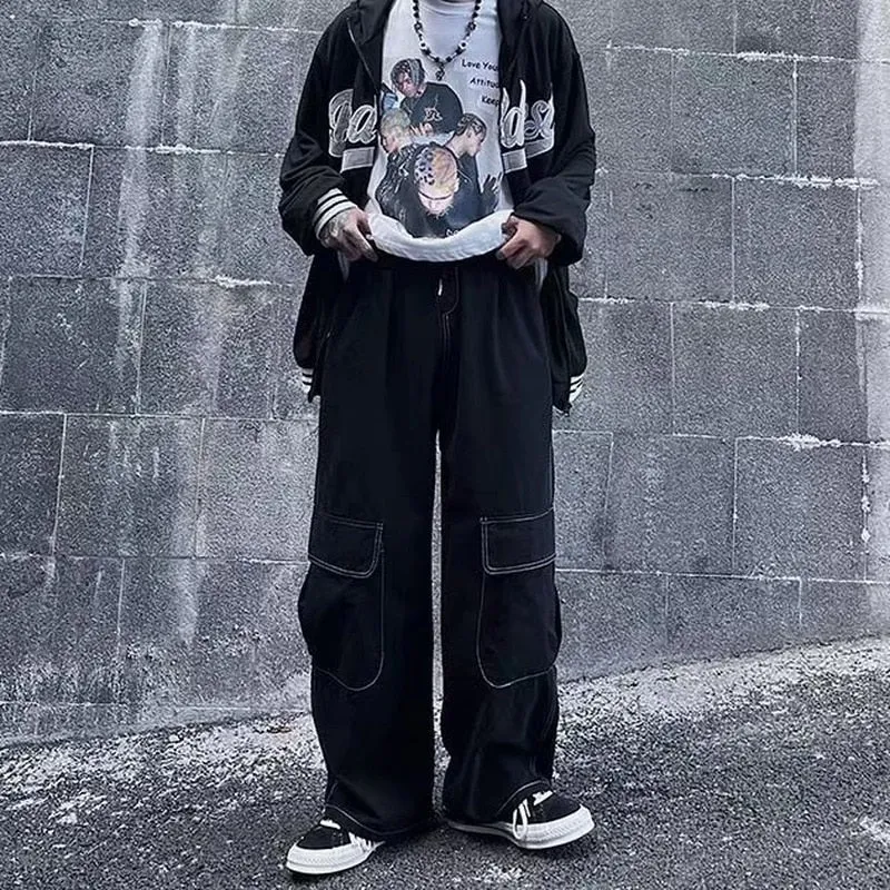 Wenkouban Back To School  Black Cargo Pants For Men Baggy Wide Leg Trousers Male Autumn Men's Cargo Trousers Japanese Streetwear Hip Hop Harajuku