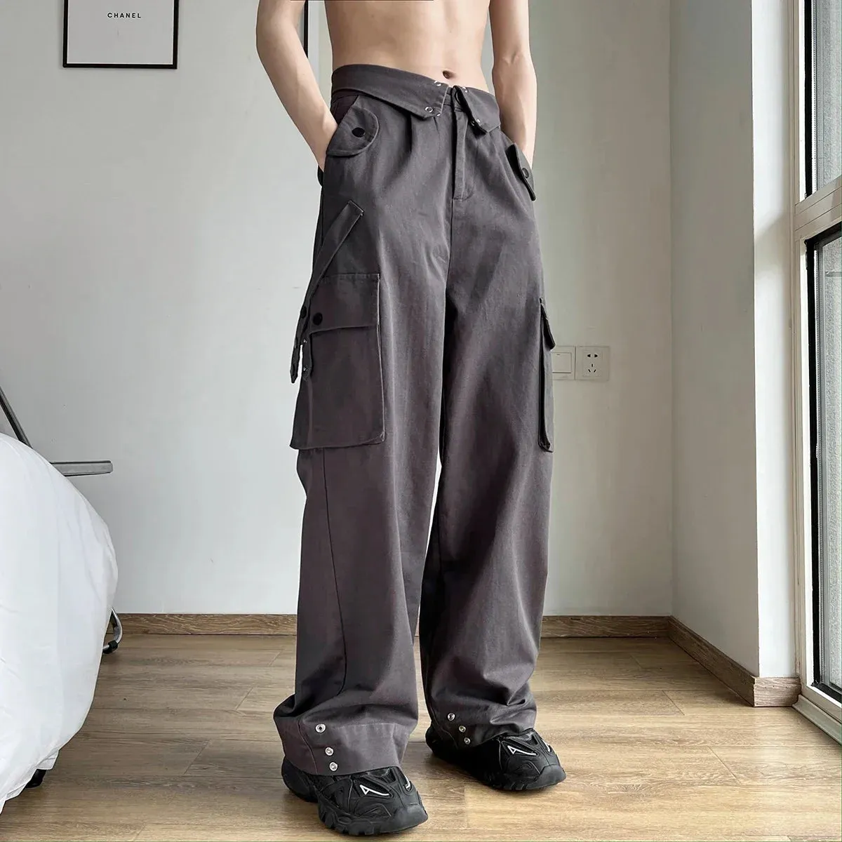 Wiaofellas Men Cargo Pants Loose Multi Pockets Full Length Deep Crotch Vintage Streetwear Wide Leg Hip Hop Men Trousers Men Clothes
