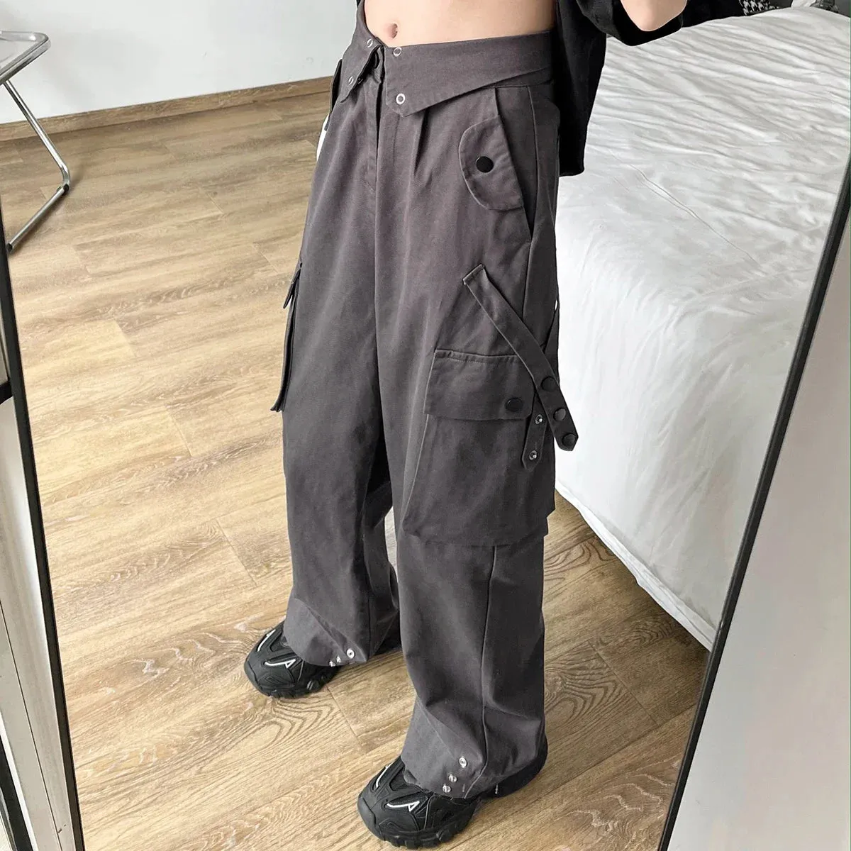 Wiaofellas Men Cargo Pants Loose Multi Pockets Full Length Deep Crotch Vintage Streetwear Wide Leg Hip Hop Men Trousers Men Clothes