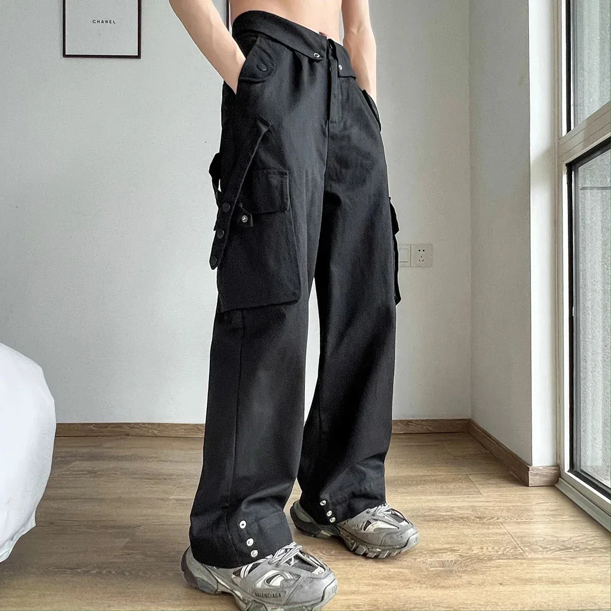 Wiaofellas Men Cargo Pants Loose Multi Pockets Full Length Deep Crotch Vintage Streetwear Wide Leg Hip Hop Men Trousers Men Clothes