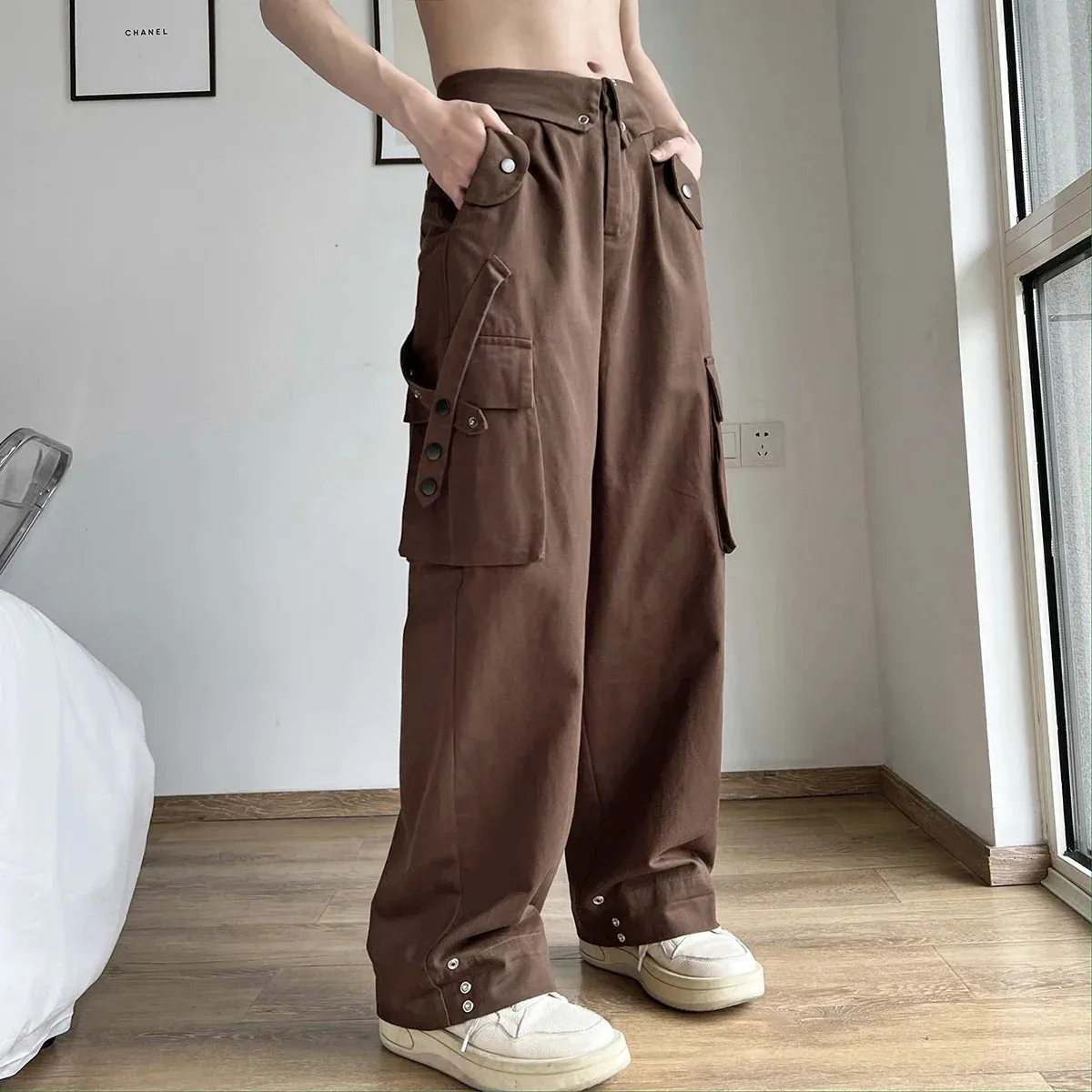 Wiaofellas Men Cargo Pants Loose Multi Pockets Full Length Deep Crotch Vintage Streetwear Wide Leg Hip Hop Men Trousers Men Clothes