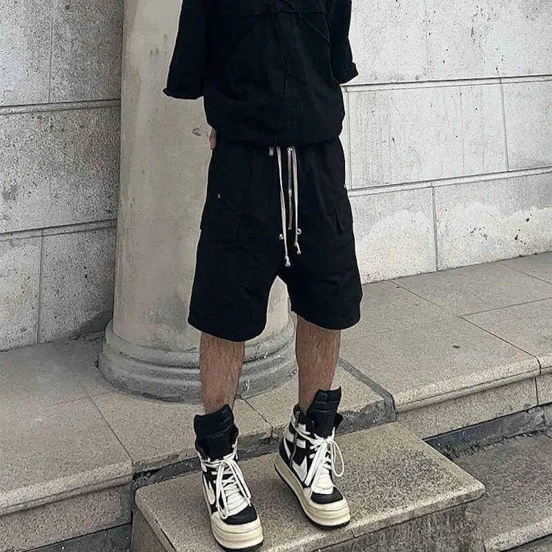 Wiaofellas  -  Style Multi-pockets Drawstring Black Cargo Pants for Men Streetwear Baggy Casual Knee Lenght Pants Oversized Loose Cargo