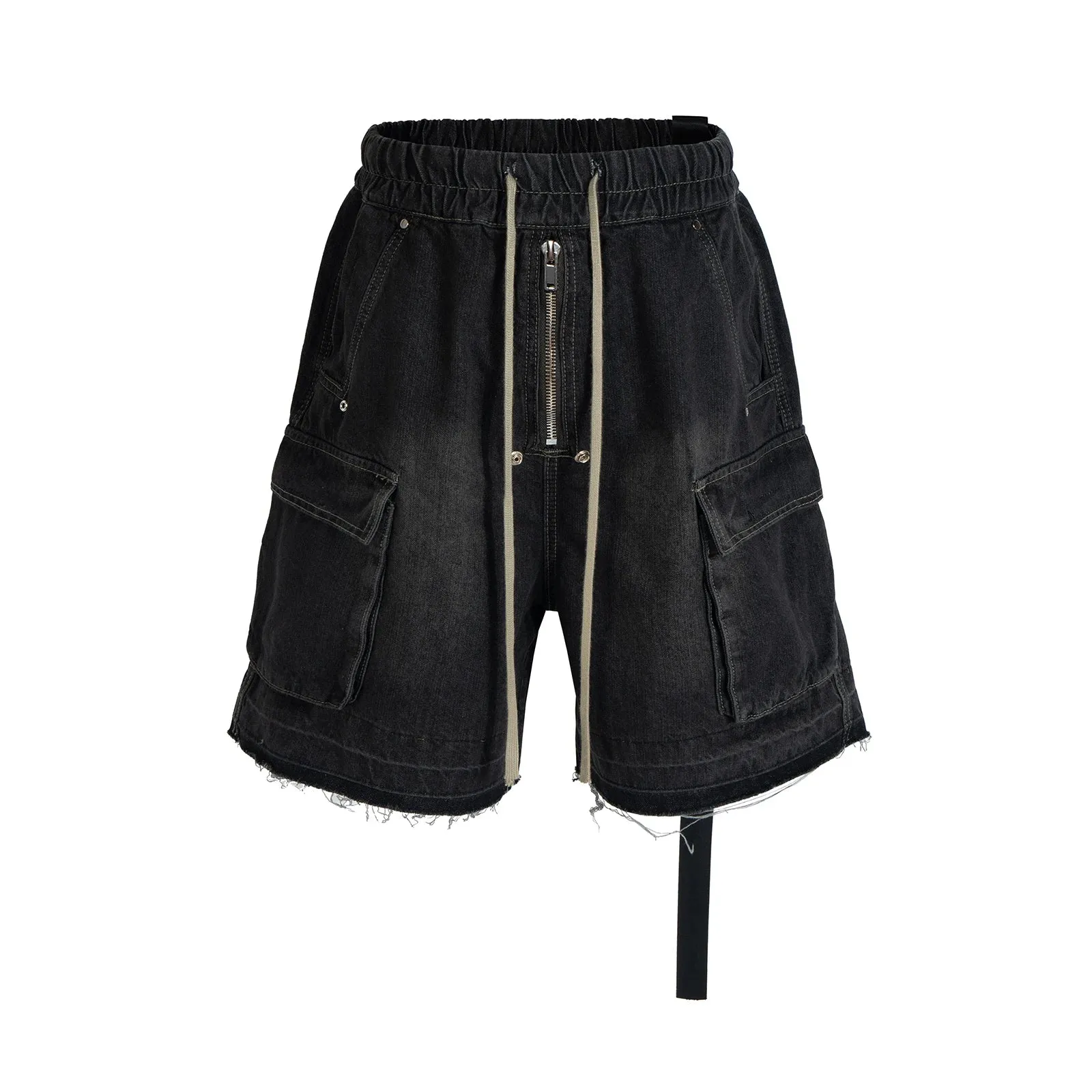 Wiaofellas  -  Style Ribbons Streetwear Multi-pockets Cargo Short for Men Elastic Waist Wide Leg Baggy Jeans Knee Length Pants Loose Overall