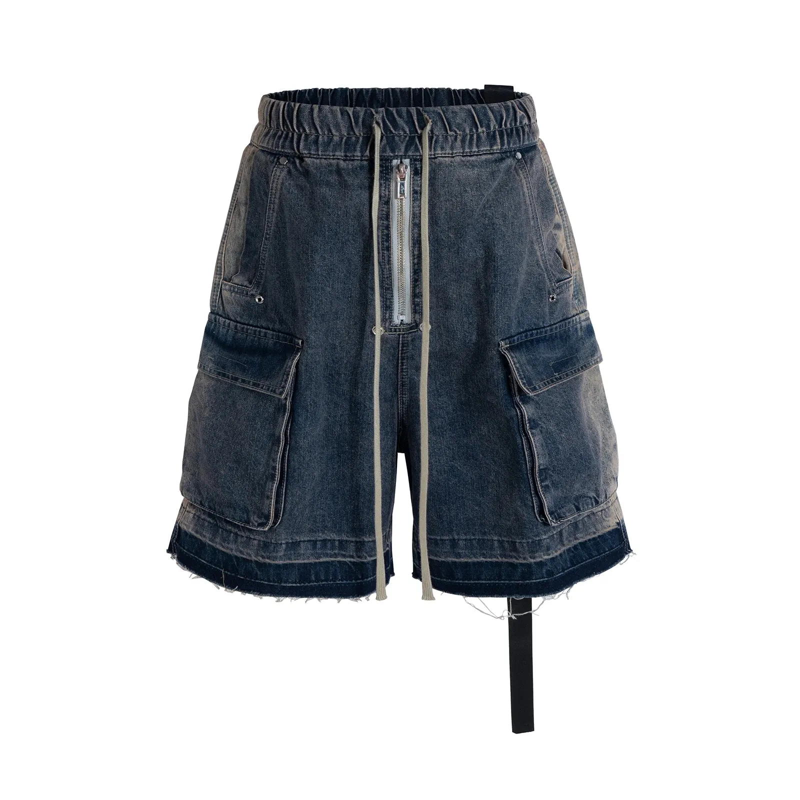 Wiaofellas  -  Style Ribbons Streetwear Multi-pockets Cargo Short for Men Elastic Waist Wide Leg Baggy Jeans Knee Length Pants Loose Overall
