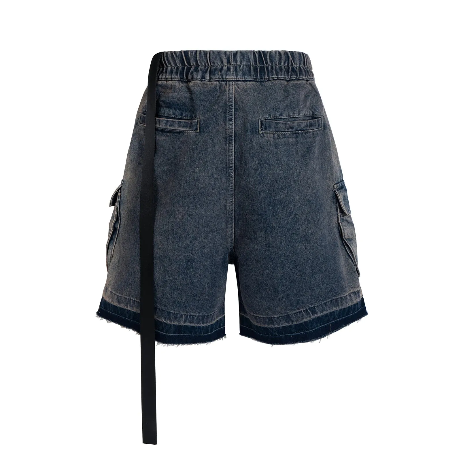 Wiaofellas  -  Style Ribbons Streetwear Multi-pockets Cargo Short for Men Elastic Waist Wide Leg Baggy Jeans Knee Length Pants Loose Overall