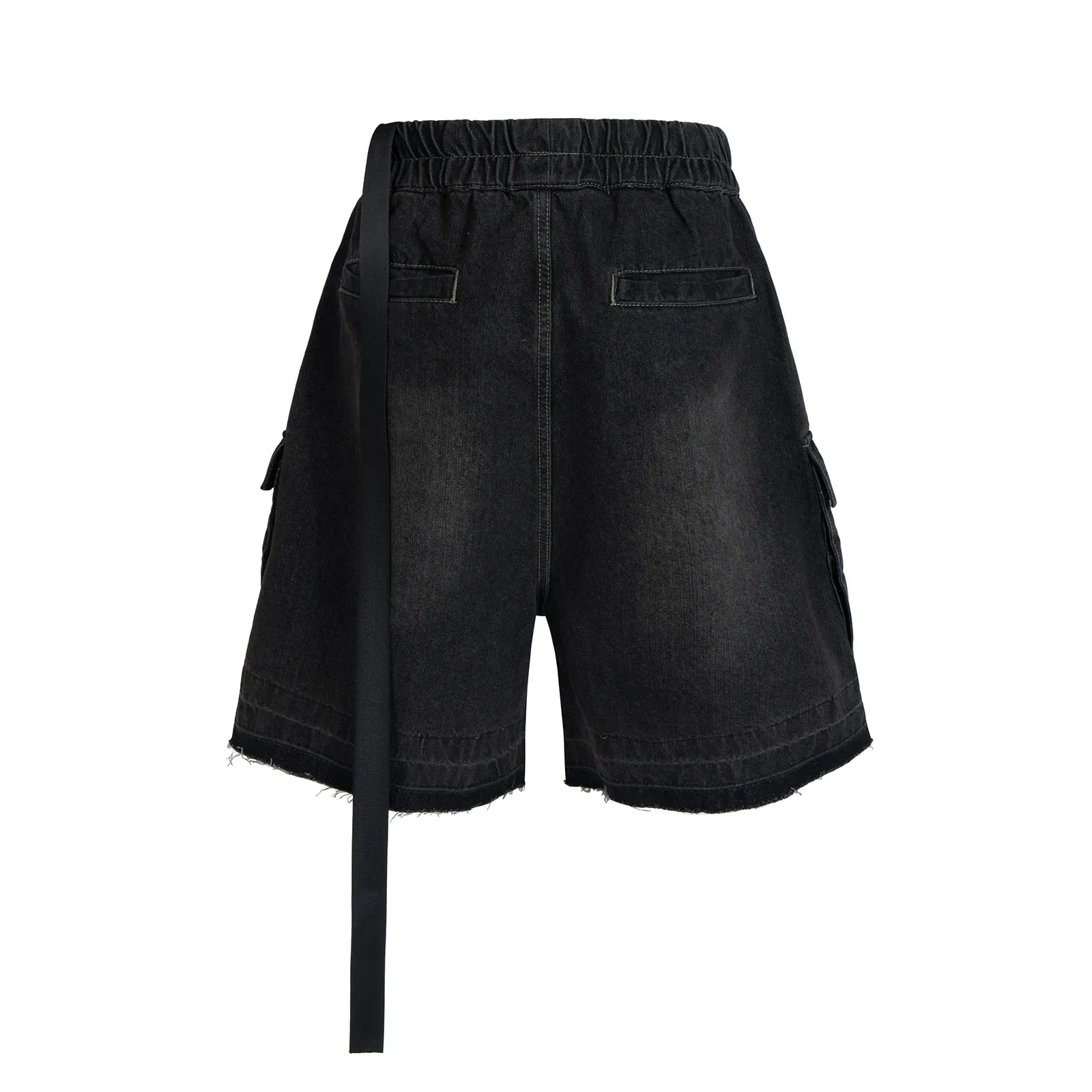 Wiaofellas  -  Style Ribbons Streetwear Multi-pockets Cargo Short for Men Elastic Waist Wide Leg Baggy Jeans Knee Length Pants Loose Overall
