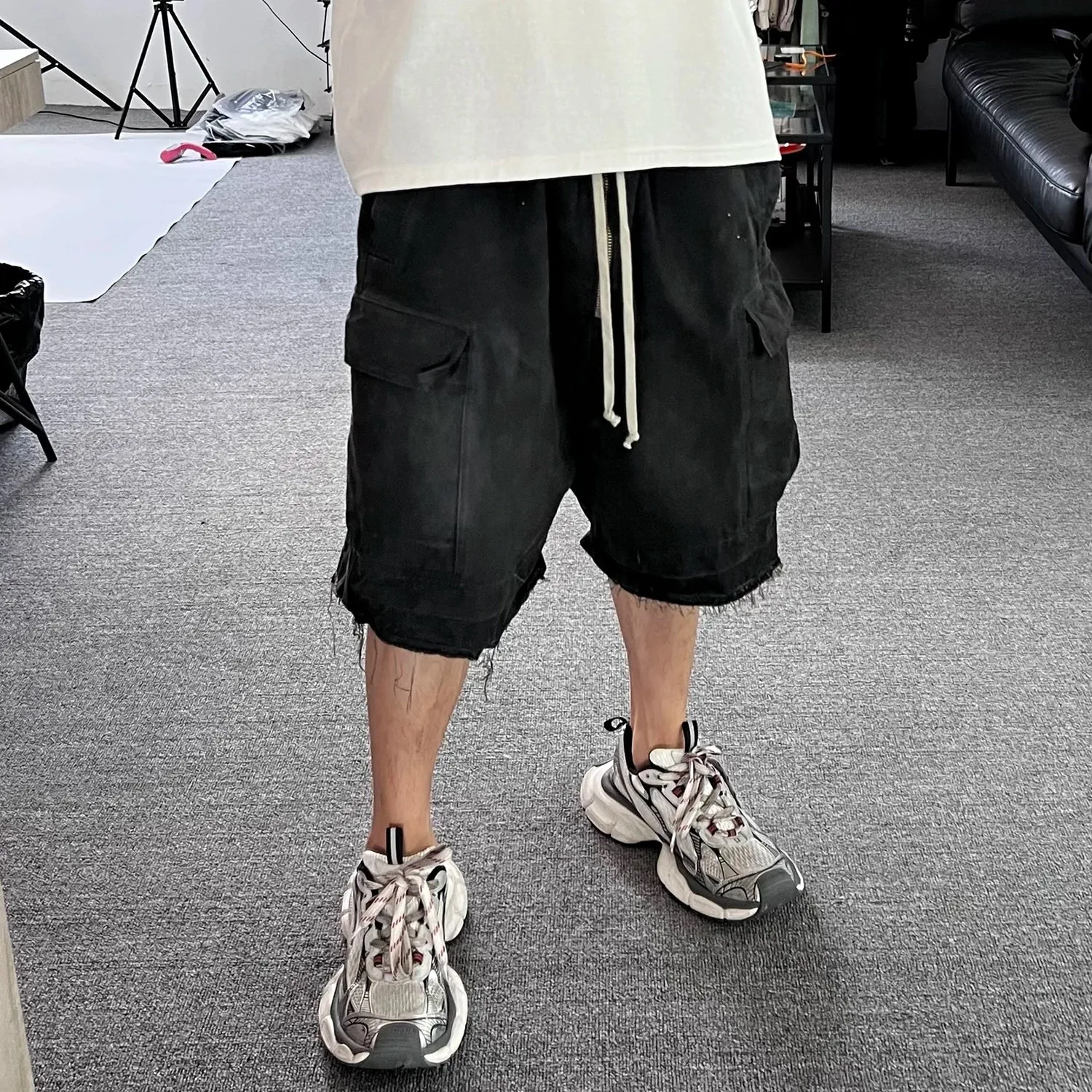 Wiaofellas  -  Style Ribbons Streetwear Multi-pockets Cargo Short for Men Elastic Waist Wide Leg Baggy Jeans Knee Length Pants Loose Overall